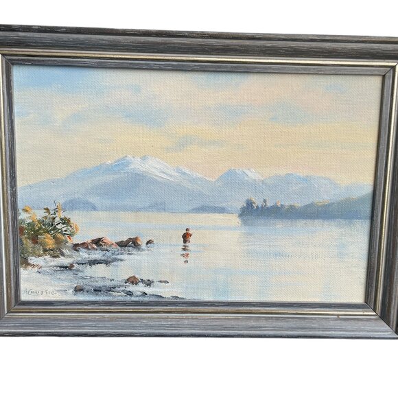 Lake Taupo New Zealand Fisherman Lake Mountains Original Oil Canvas A Christe - Picture 1 of 8